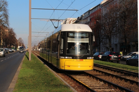 BVG Tram No. 4017 performs a M2 service towards Alexanderplatz