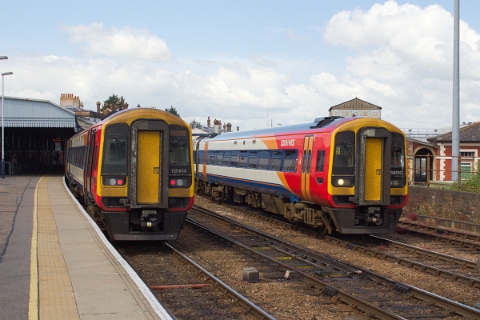 Southwest class 159 no. 159014 with classmate 159010 at Salisbury on 27th June 2015.