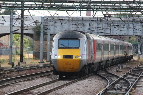 VTEC class 43 HST powercar no. 43308 heads a service from London Kings Cross while approaching Doncaster on 11th Juli 2015. 