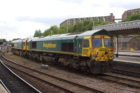 Freightliner class 66/5 no. 66622 on the rear of an light engine move through Sheffield on 19th May 2016.