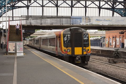 South West Trains class 444 no. 444018 awaiting departure from Bournemouth to Weymouth on 15th June 2016 