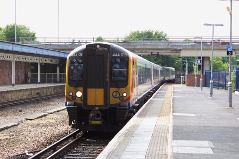 South West Trains class 444 no. 444019 performs 2B56 Poole - London Waterloo on 15th June 2016, pictured while arriving Bournemouth.