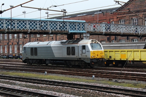 Shropshire-and-Wresham-livered DB Cargo class 67 no. 67012 on duty as thunderbird loco at Doncaster West yard on 15th March 2018.