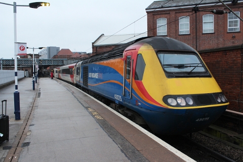 Hired East Midlands Trains class 43 HST no. 43075 haules an Virgin Trains East Coast service to London Kings Cross, pictured while calling at Doncaster on 15th March 2018.