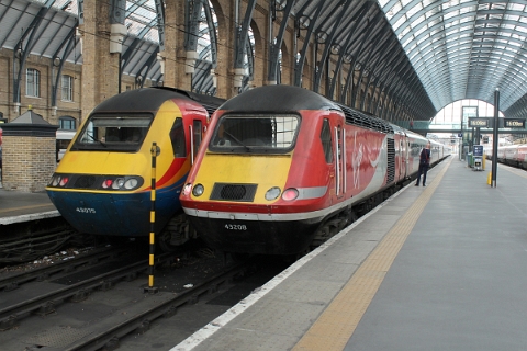 Hired East Midlands Trains HST power car class 43 no. 43075 and self-owned Virgin HST class 43 no. 43208 pictured at London Kings Cross on 15th March 2018.